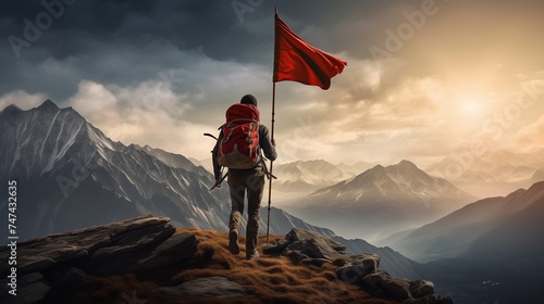 Capture the essence of a hiker heading towards the mountain top where a flag is proudly displayed.  © Wajid