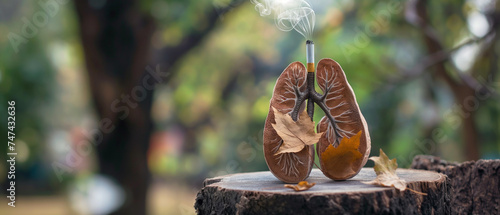 Pulmões humanos com cigarro fumado e folhas de outono no tronco de uma árvore no parque