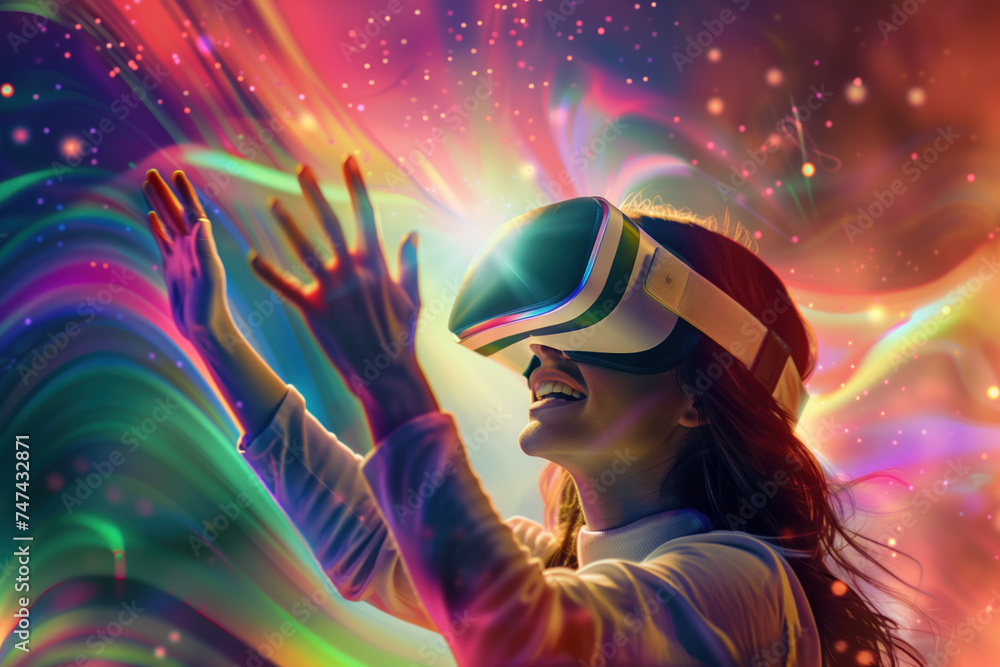 A woman has a VR headset on an and is smiling while having an immersive VR experience. Background image. Created with Generative AI technology