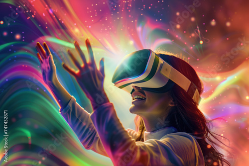 A woman has a VR headset on an and is smiling while having an immersive VR experience. Background image. Created with Generative AI technology