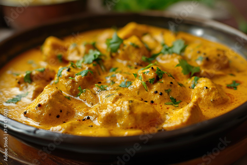 A plate of korma, a mild curry dish made with yogurt, cream, and spices. It can be made with meat or vegetables