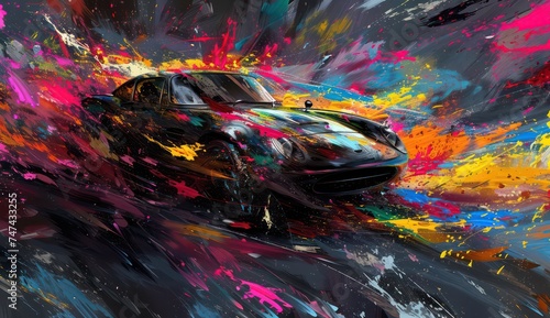 an abstract car in black paint, in the style of colorful explosions, bold color scheme, rich colors © STOCKYE STUDIO