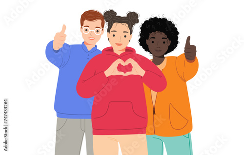 Group portrait of smiling teenage boy and girls. School friends standing together, embracing each other.  International human solidarity day. Happy students isolated on white background. Vector 