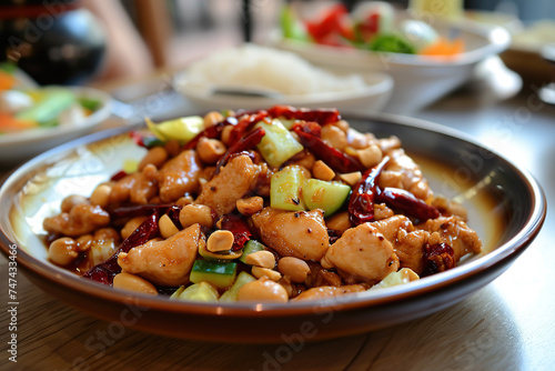 A plate of Kung Pao chicken, a famous Sichuan-style specialty, popular with both Chinese and foreigners. The major ingredients are diced chicken, dried chili, cucumber, and fried peanuts (or cashews) photo