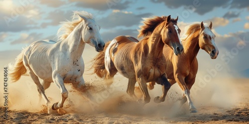 A group of horses running across a sandy field. Suitable for equestrian events promotion