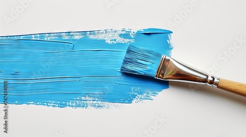 Trace of light blue paint by a brush, white background photo