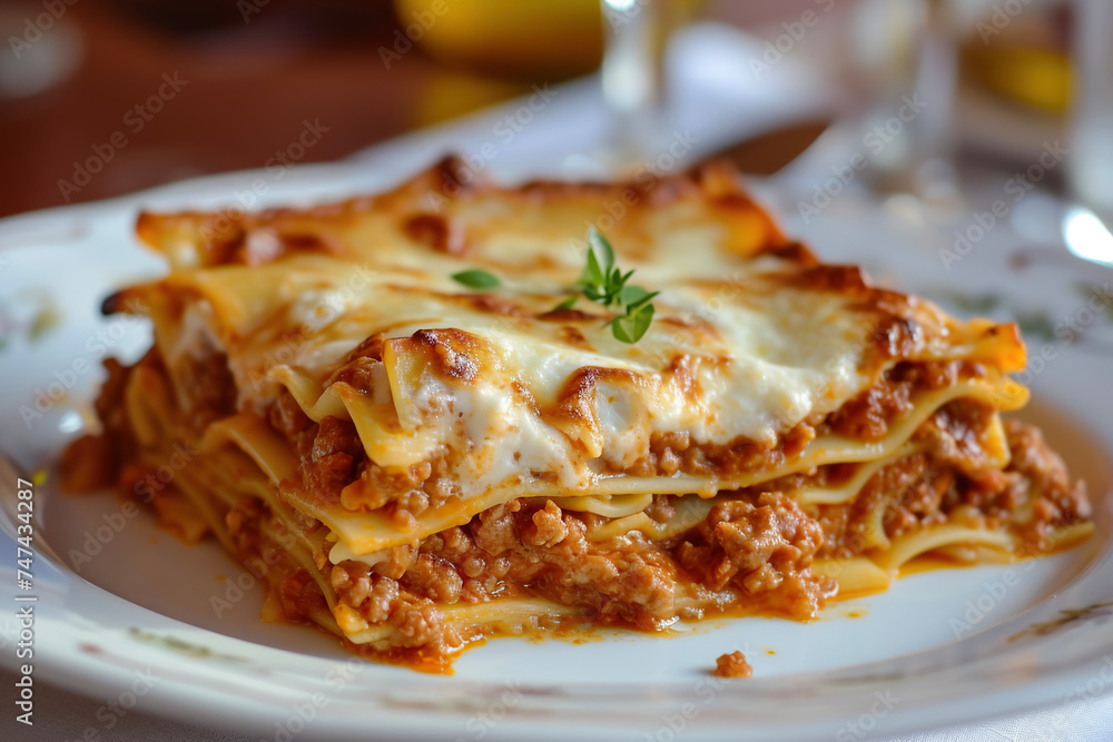 A plate of lasagne alla bolognese, a classic Emilian dish made with layers of pasta, bolognese (a meat-based sauce)