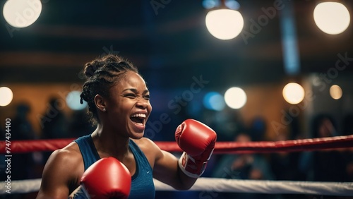 Boxing black woman very happy and excited doing winner gesture with arms raised