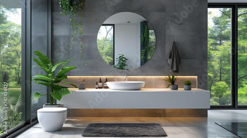 white vanity topped with gray countertop on Modern bathroom interior