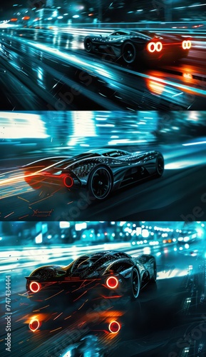car speed with light and blur shadows, multi-panel compositions, distinctive character design, futuristic design, dark azure and black © STOCKYE STUDIO
