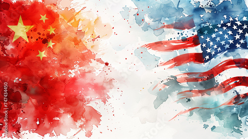 Watercolor painting of American flag and Chinese flag mixed together . Confliction concept .