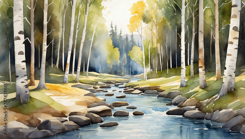 Tranquil watercolor birch tree forest with dappled sunlight and a babbling brook photo