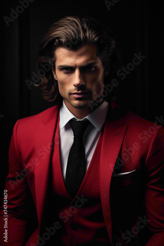 A gentleman with irresistible charm, dressed in vibrant business clothes, his perfect hairstyle complementing the overall appeal against a solid, chic background.