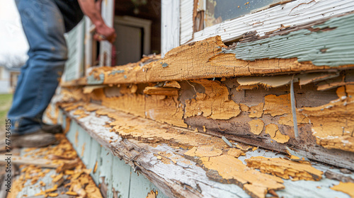 Worker removes old paint from the wall of an old house.