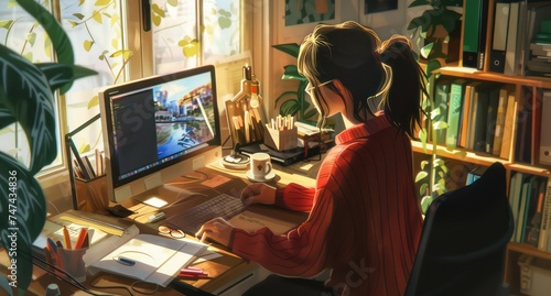 female person working at desk in home office, screen format, lightbox, website