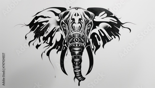 elephant mane or tattoo, in the style of flowing silhouettes, exaggerated facial features, depictions of animals, stenciled iconography