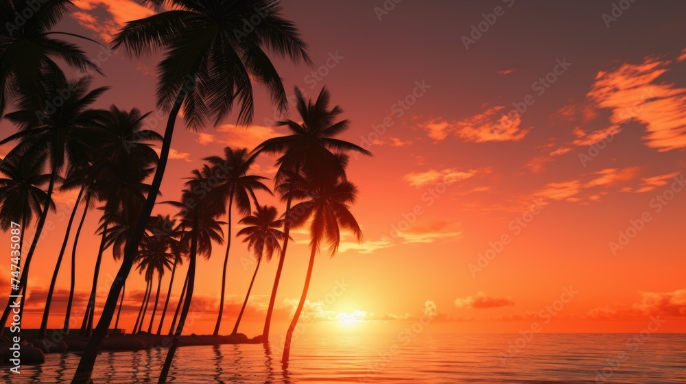 Beautiful sunset over the ocean with palm trees, perfect for travel and nature themes