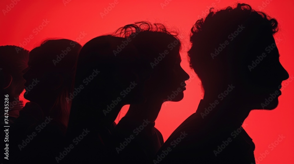 Group of people silhouetted against a vibrant red backdrop. Ideal for social media posts or advertising campaigns
