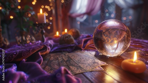 tarot cards, a crystal ball, and candles on a richly decorated purple cloth