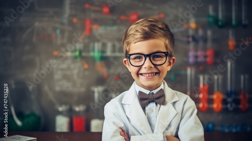 6 year old boy stands as a professor with a bow tie in front of a blackboard with formulas