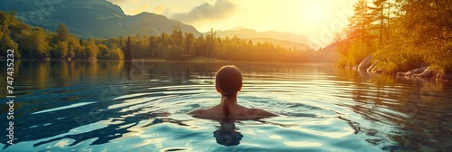 young woman swimming at sunset in a romantic calm lake