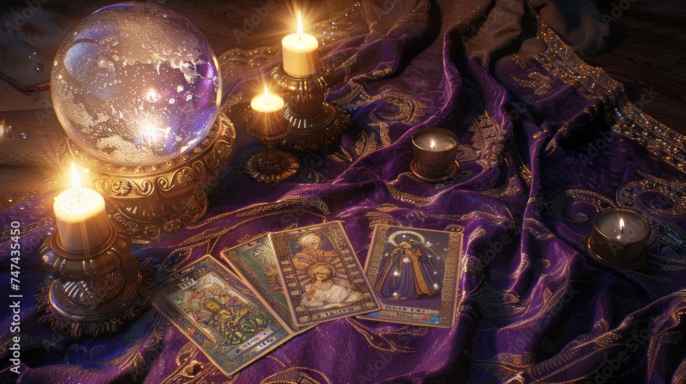 mystical and atmospheric scene with tarot cards, a crystal ball and candles on a richly decorated purple cloth. Fortune telling