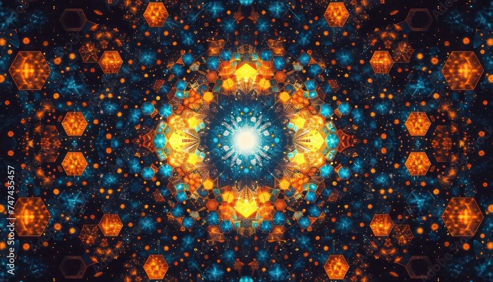 large hexagon pattern with light, blue, orange and black pixels, in the style of ethereal and otherworldly atmosphere large hexagon pattern with light, blue, orange and black pixels, in the style of ethereal and otherworldly atmosphere