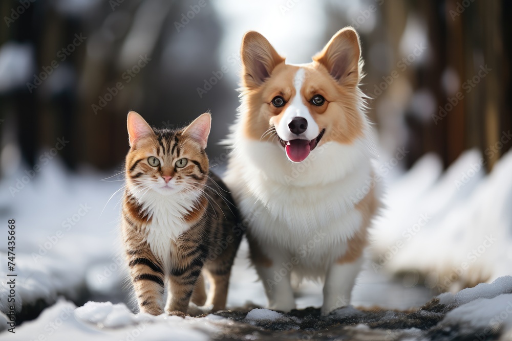 funny friends a corgi dog and a striped cat run through the white snow in the winter garden funny friends a corgi dog and a striped cat run through the white snow in the winter garden