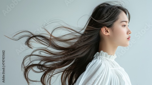 Closeup photo portrait of a beautiful young asian female model woman shaking her beautiful hair in motion. use for Product advertising photo