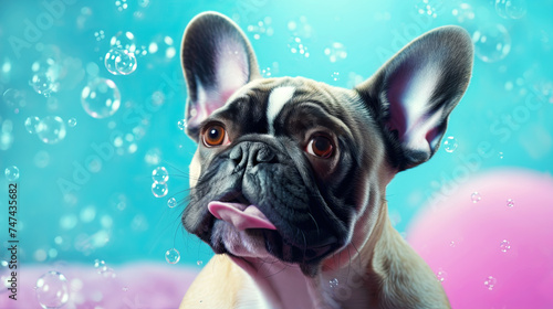 Portrait of a cute French Bulldog taking a bath