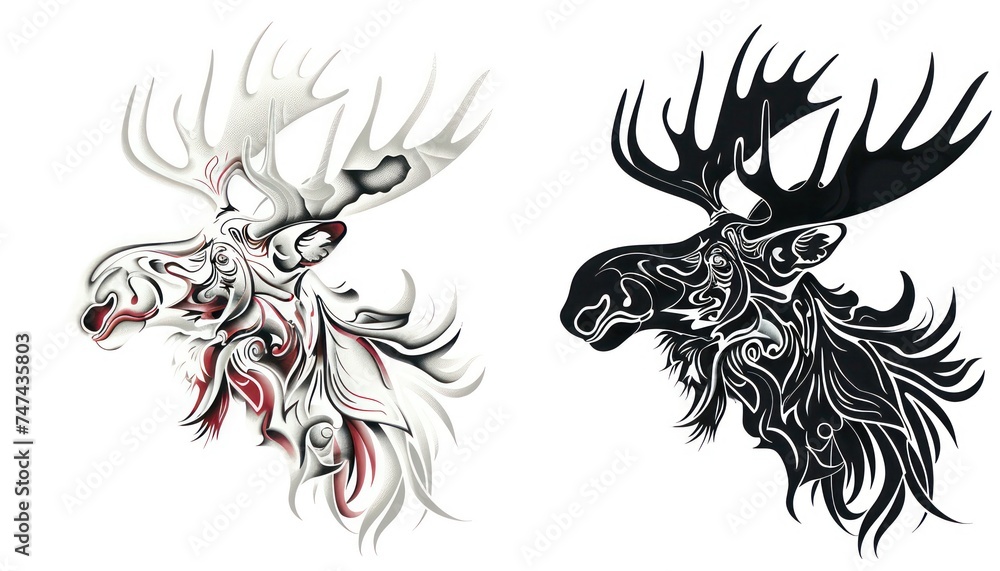 moose head collection vector, in the style of dark white and light black moose head collection vector, in the style of dark white and light black