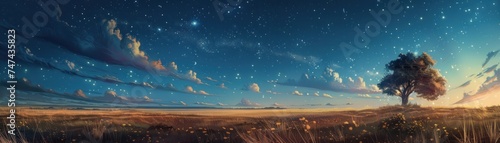 A vast open plain under a starry sky where the simplicity of nature meets the tenacity of life a scene of quiet renewal photo