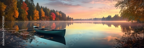 A peaceful sunset scene on a calm lake with reflections and a rowing boat photo