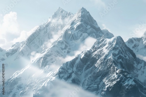 Majestic mountain covered in snow with clouds hovering above. Ideal for travel and nature concepts