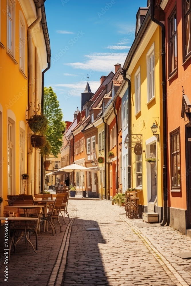 A charming cobblestone street with outdoor seating, perfect for a cafe scene