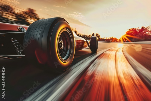 real race car going down track at sunset, made of rubber, medium format lens, art nouveau curves, close-up