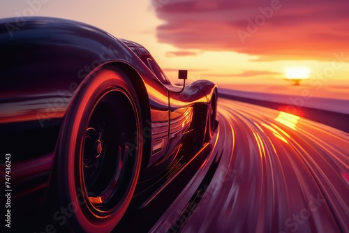 real race car going down track at sunset, made of rubber, medium format lens, art nouveau curves, close-up © STOCKYE STUDIO