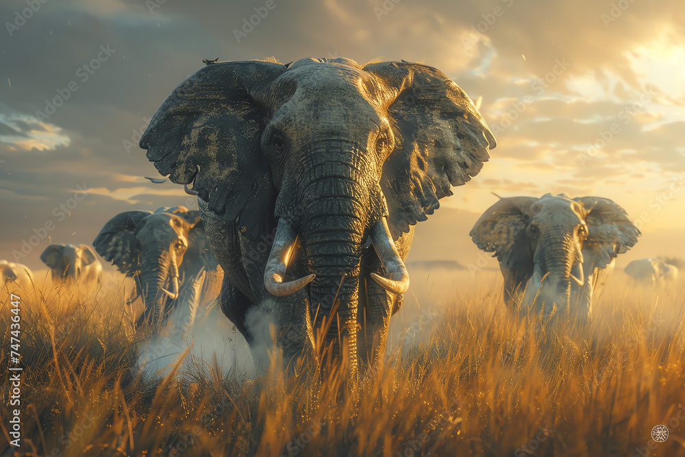 Naklejka premium Gentle giants, grassy plains, intricate society, close elephant observation.