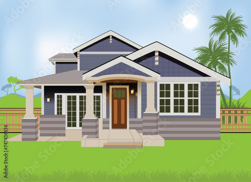 Beautiful exterior of newly built luxury vector home. Yard with green grass, sunset with waves and walkway lead to ornately designed covered porch and front entrance.