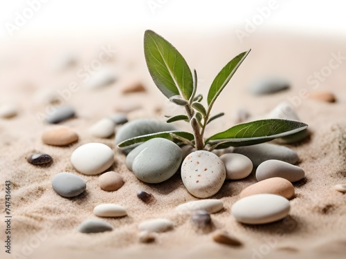 Salbeizweig und Kieselsteine auf Sand