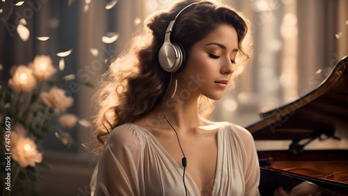 Junge Frau hört klassische Musik mit einem Kopfhörer in romantischer Atmosphäre photo