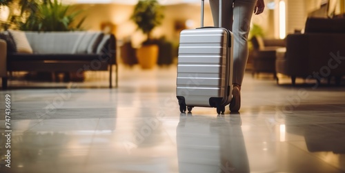 Close-up of a woman with a suitcase in a hotel lobby. Travel and business concept. with copy space. 