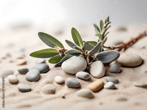 Salbeizweig und Kieselsteine auf Sand