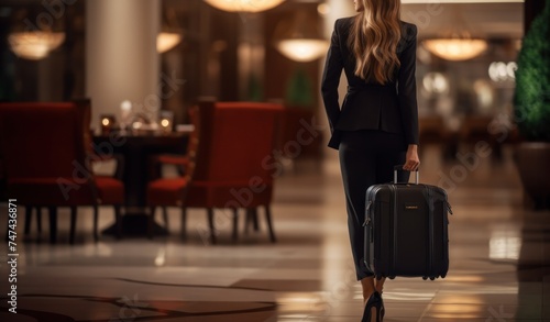 Beautiful business woman with suitcase in hotel lobby. Business trip concept. Travel and business concept. with copy space. 