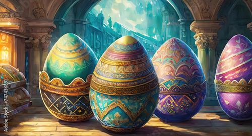 Wonderful Colorful eggs scattering from a wicker bowl