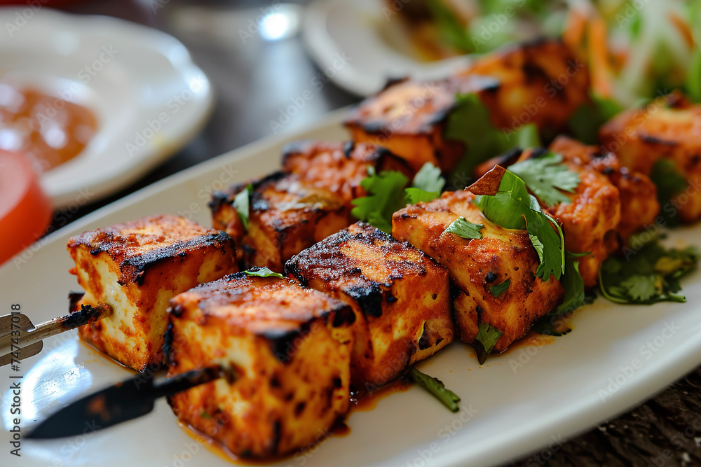 A plate of paneer tikka, a vegetarian dish made from chunks of paneer marinated in spices and grilled in a tandoor.