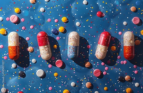various pills on blue background, in the style of graphic design poster art, foampunk, photorealistic paintings. Generative AI photo