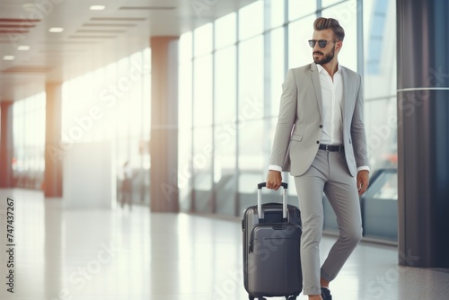Handsome young man in suit and sunglasses walking with suitcase in airport terminal. Travel and business concept. with copy space. 