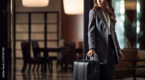 Young business woman with suitcase in hotel lobby. Business travel concept. Travel and business concept. with copy space. 