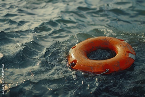 An orange life preserver floating in the water, suitable for water safety concepts. photo